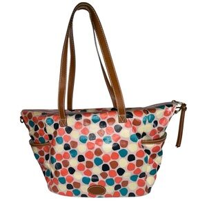 Fossil Keyper Tote Bag Colorful Coated Canvas Pebble Print Leather Trim